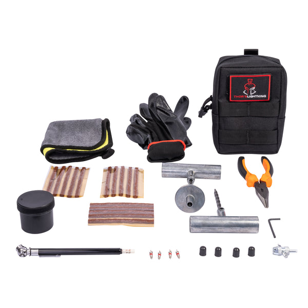 Thor's Lightning Adventure Gear Kit de reparación de neumáticos portátil compacto y resistente con bolsa de almacenamiento Molle