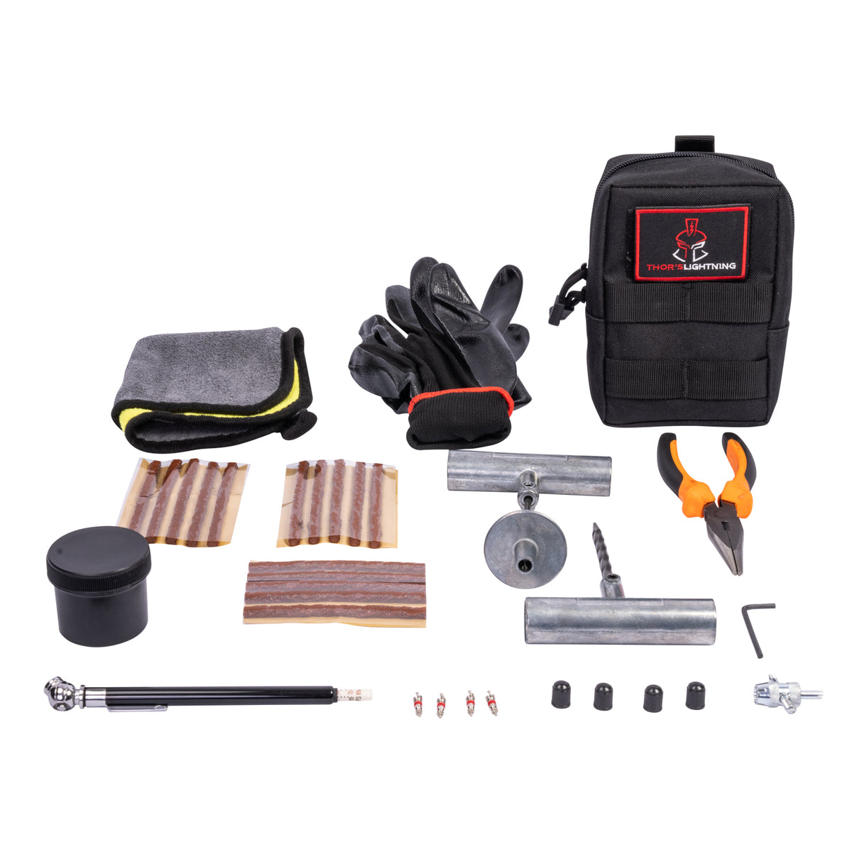 Thor's Lightning Adventure Gear Kit de reparación de neumáticos portátil compacto y resistente con bolsa de almacenamiento Molle 